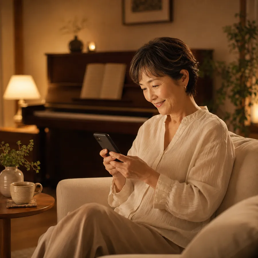 夜のリビングで、スマホに届いた添削を笑顔で読む女性