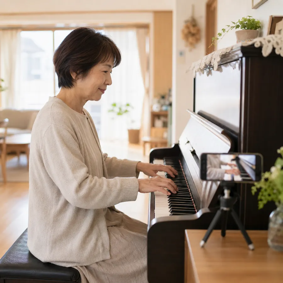 スマホを小さな三脚に置いて、ピアノを弾く手元を撮影している様子